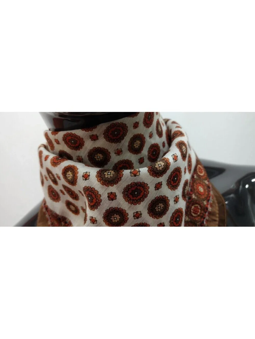Vintage 60s Scarf Mid Century Brown Shades Floral Circles Nylon Rayon Made Japan